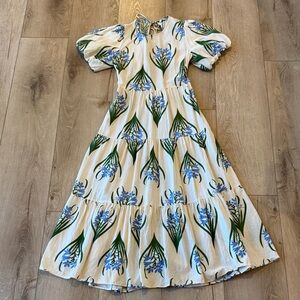 Zara White Floral Backless Tiered Maxi Dress with Blue and Green Print